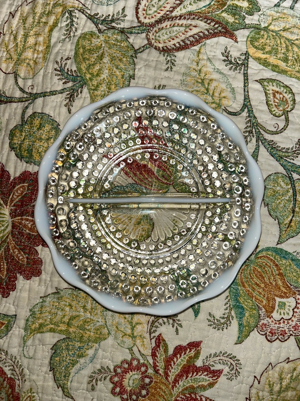 Antique Fenton Clear Hobnail Opalescent 7" Divided 2 Section Candy Vanity Dish